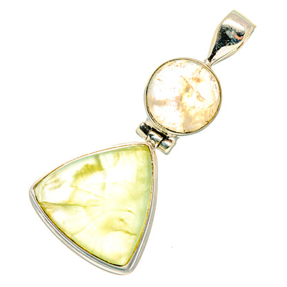 Rainbow moonstone and prehnite pendant in 925 sterling silver, round and triangular stones