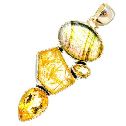 Sterling silver pendant with round labradorite and citrine gemstone drops, polished frame