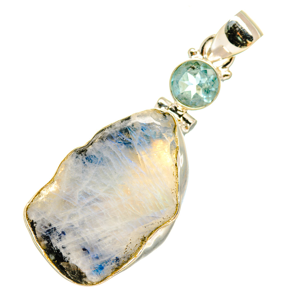 Rough moonstone pendant with blue topaz round center stone and 925 silver links