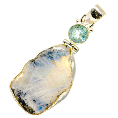 Rough moonstone pendant with blue topaz round center stone and 925 silver links