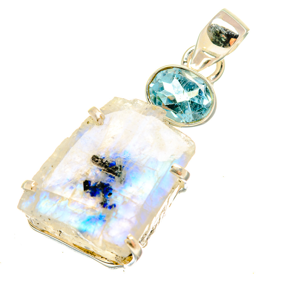 Rough moonstone pendant with oval blue topaz and prong setting, open bail