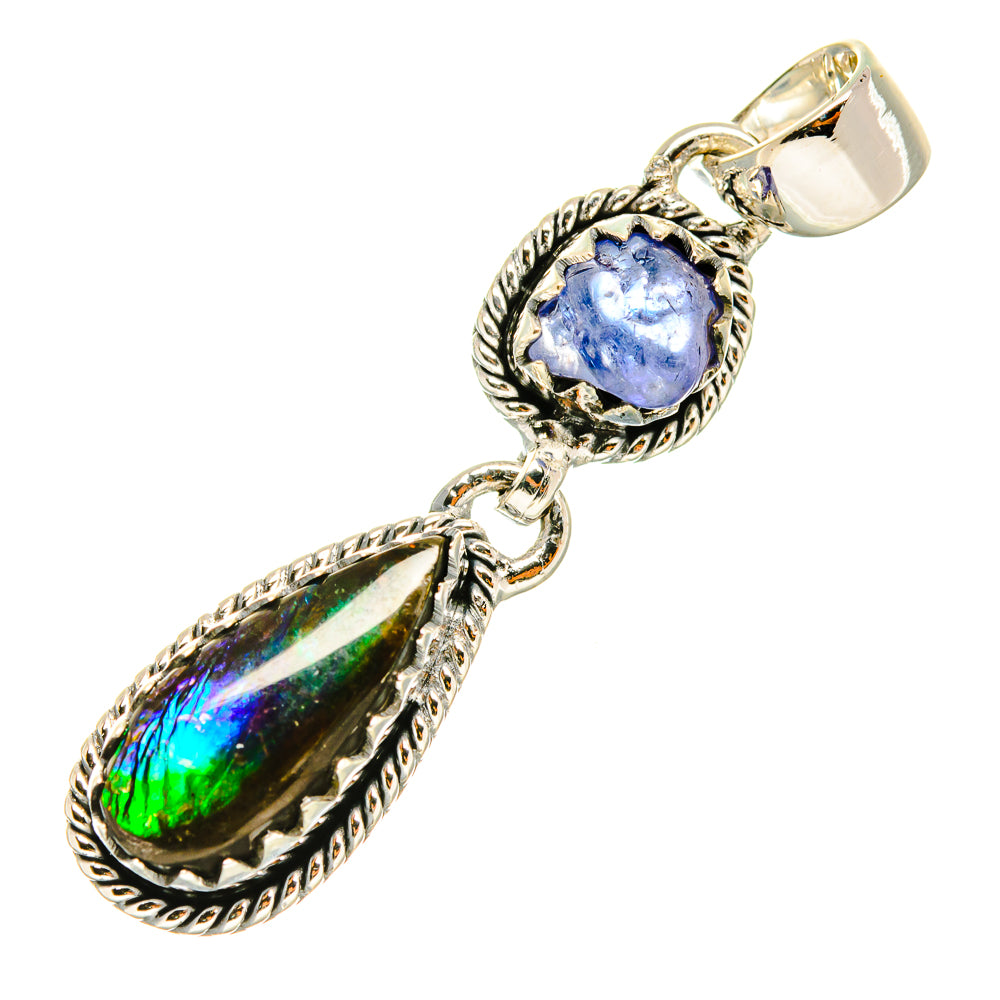 925 sterling silver pendant with teardrop iridescent stone and blue oval bezel setting