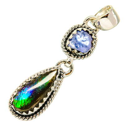 925 sterling silver pendant with teardrop iridescent stone and blue oval bezel setting