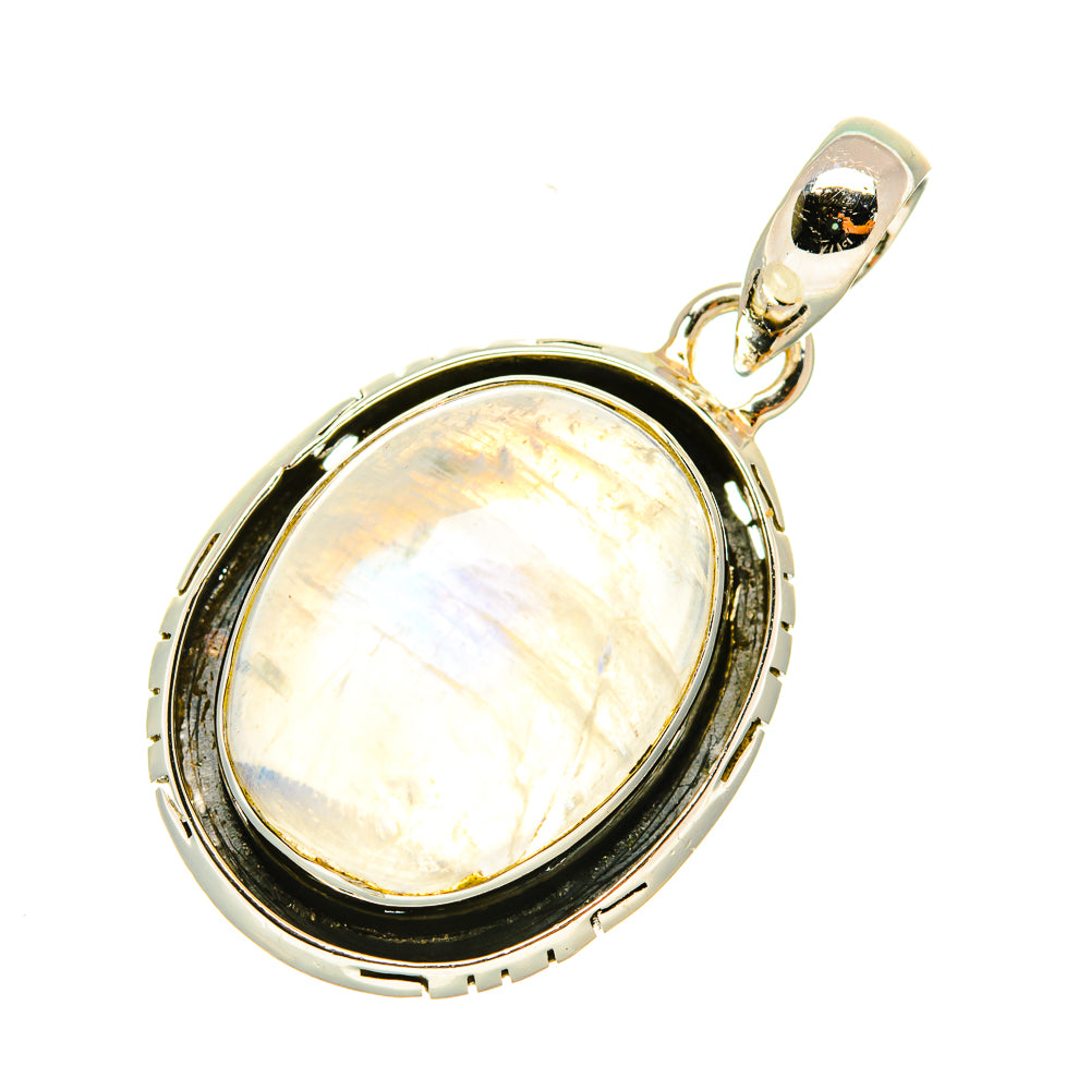 Oval rainbow moonstone pendant in sterling silver bezel with small top loop bail