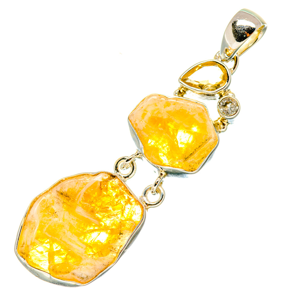 Rough citrine pendant in 925 sterling silver, two faceted yellow rough stones with round accents