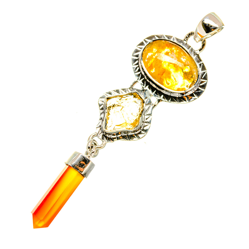 Orange agate pendant with sterling silver settings and faceted crystal drop