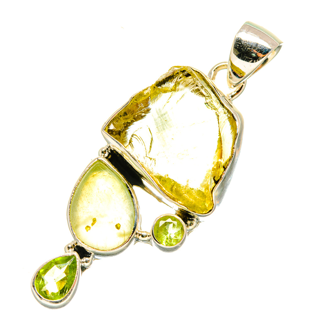 Sterling silver rough prehnite pendant with pear-cut peridot and teardrop gemstone accents