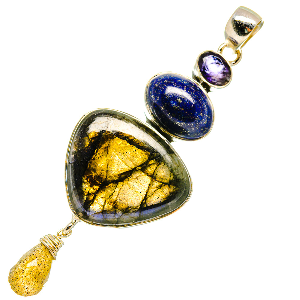 Sterling silver pendant with labradorite teardrop, lapis round stone, and amethyst drop