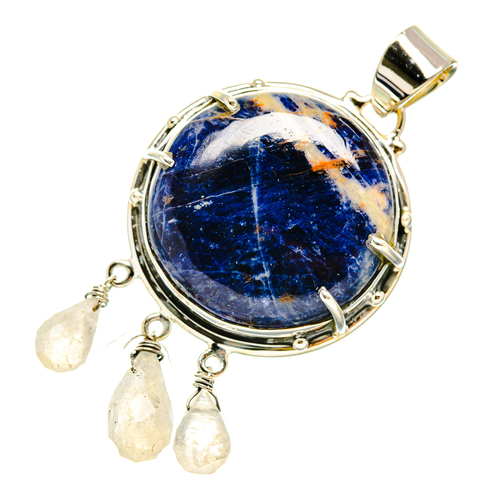 Sodalite pendant in 925 sterling silver with round frame and three moonstone drops