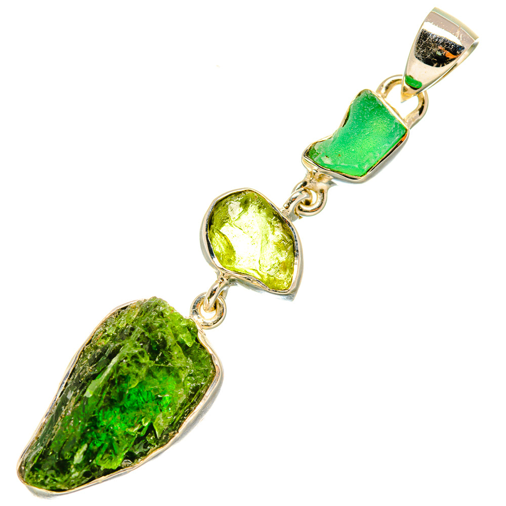 Rough green gemstone pendant with oval drop and small faceted connectors