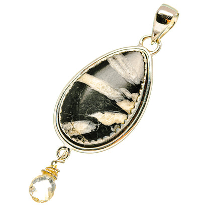 Sterling silver pear-shaped quartz pendant with black-and-white stone and top bail loop