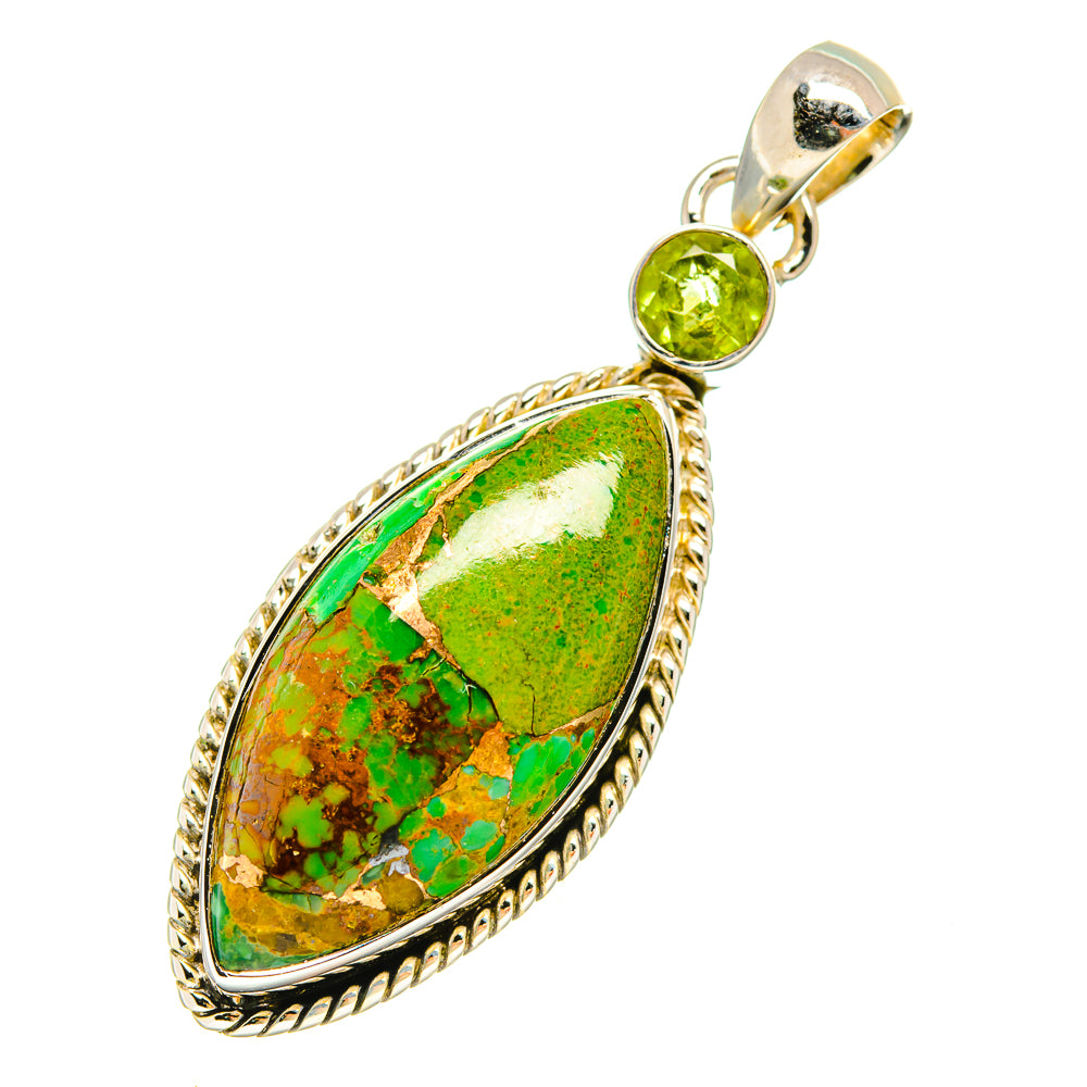 Green turquoise teardrop pendant with round peridot-green stone, silver rope border