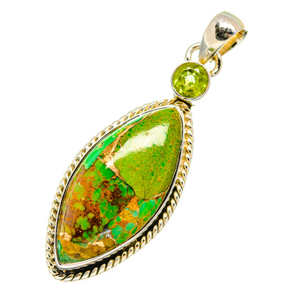 Green turquoise teardrop pendant with round peridot-green stone, silver rope border