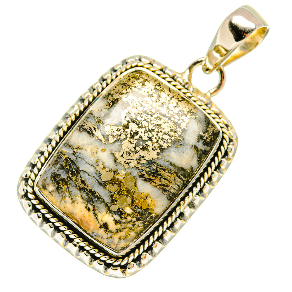 925 sterling silver rectangular pyrite agate pendant with raised border and top loop bail