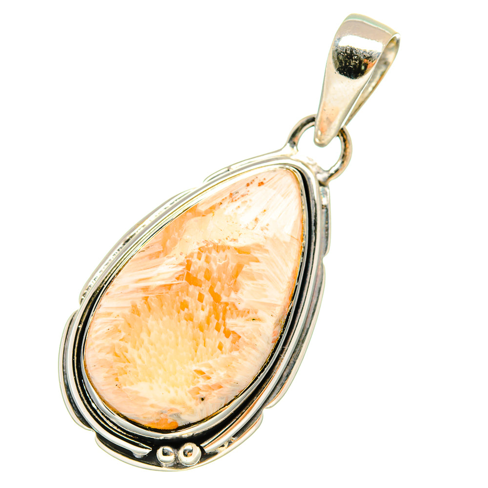 Scolecite teardrop pendant in 925 sterling silver with peach stone and loop bail