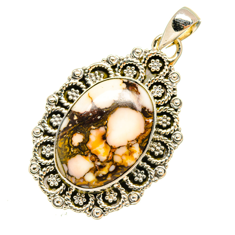 Oval peanut-wood jasper pendant in ornate silver filigree setting with top bail loop