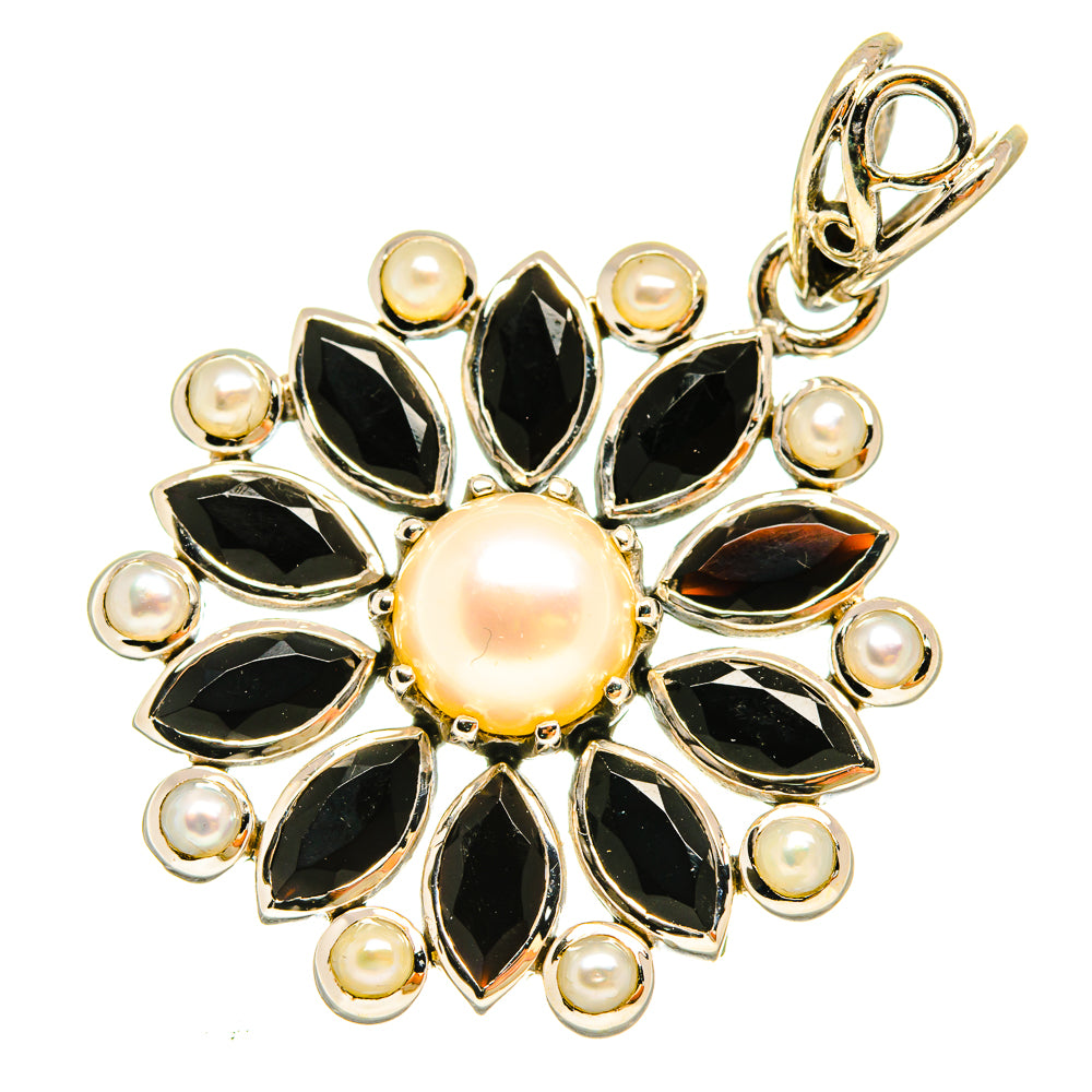Floral pendant with cultured pearl and black onyx in 925 sterling silver, loop bail