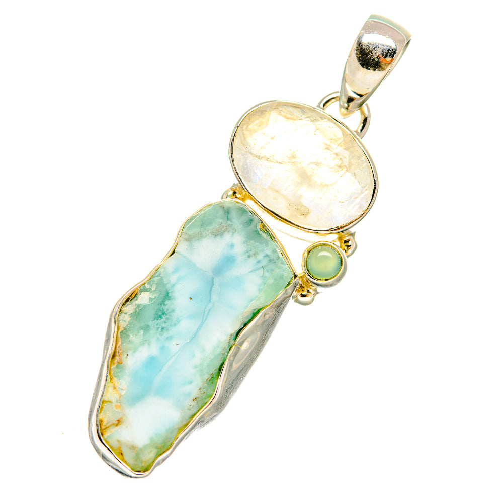 Oval moonstone and aqua chalcedony pendant with green bead, gold-tone bail on silver