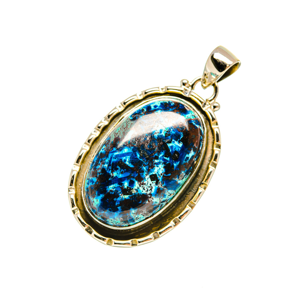 Shattuckite oval pendant with loop bail and ornate sterling silver frame, vivid blue cabochon