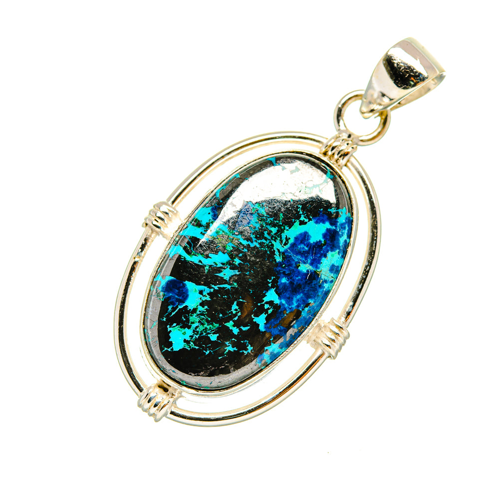 Oval Shattuckite pendant with sterling silver double-loop frame and top bail, blue-green stone
