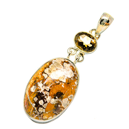 Oval jasper pendant with smoky quartz round stone and 925 sterling silver setting
