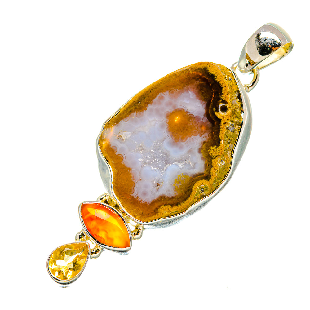 925 sterling silver pendant with geode slice and orange plus yellow gemstones