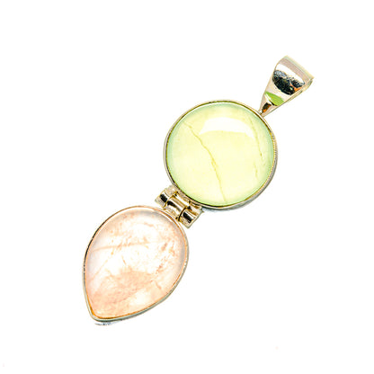 Sterling silver pendant with oval prehnite green and rose quartz pink stones