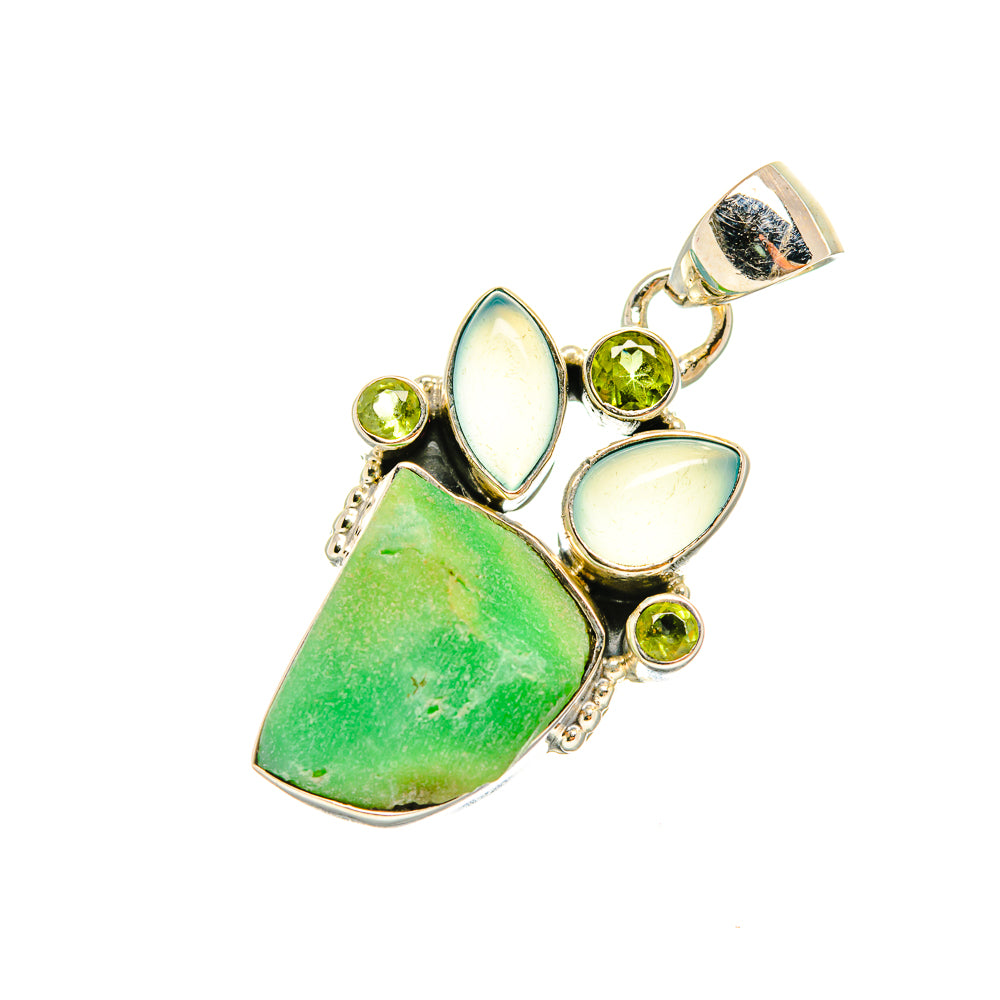 Sterling silver pendant with rough green gemstone, aqua teardrop and small peridot accents