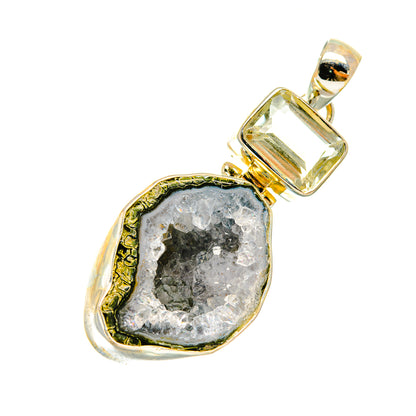 Coconut geode druzy pendant with gray quartz crystal in polished gold-tone frame