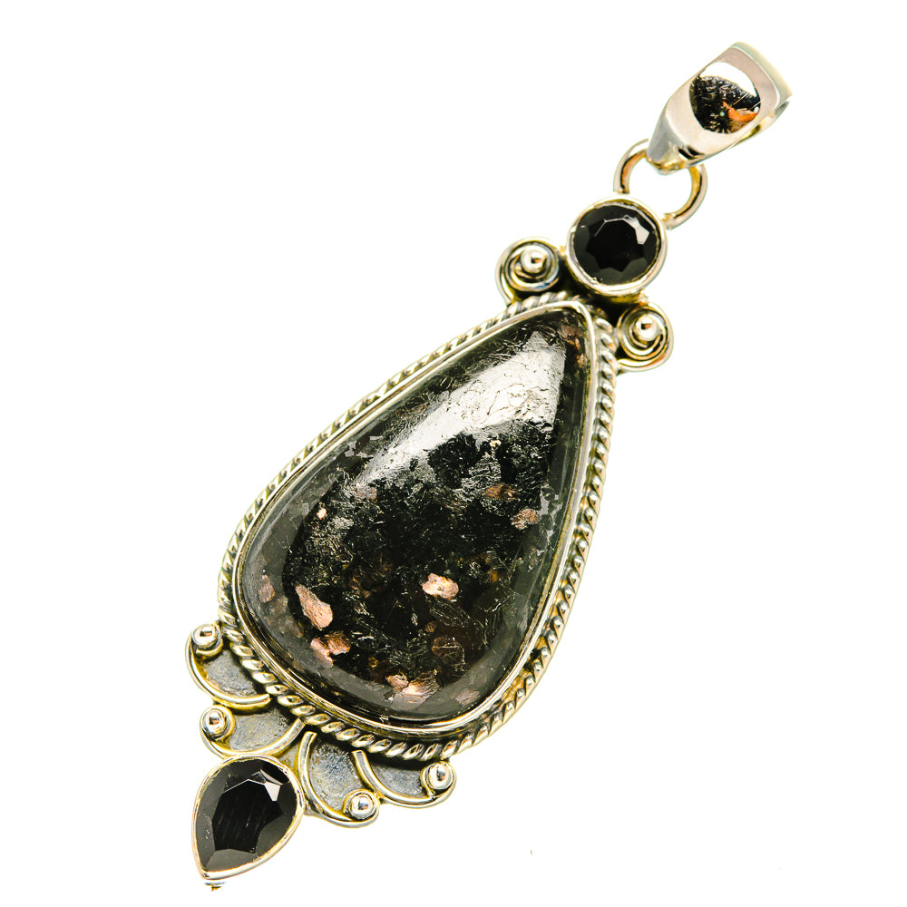 Sterling silver teardrop gemstone pendant with black onyx accents and ornate bail