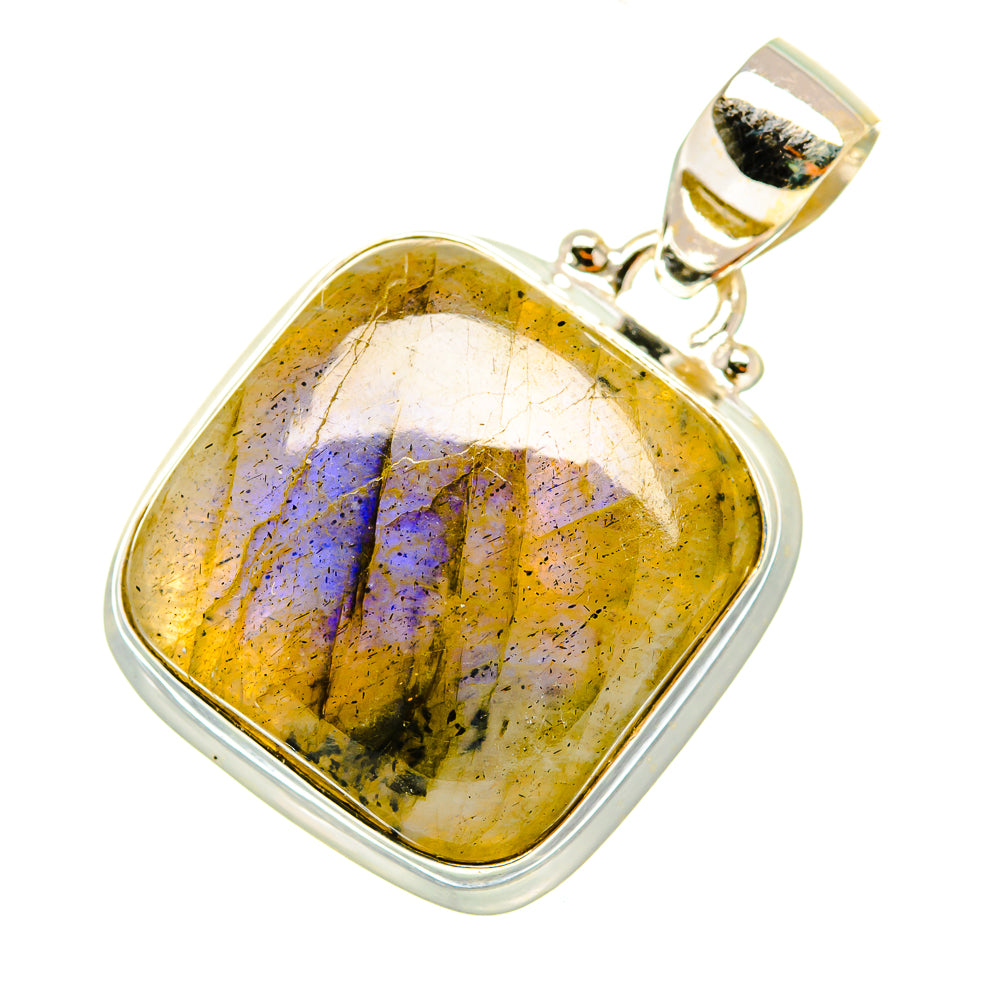 925 sterling silver labradorite pendant with rectangular frame, yellow stone with purple-blue flashes