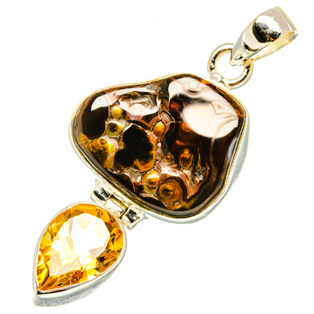 Sterling silver heart fire agate pendant with citrine teardrop accents and bail