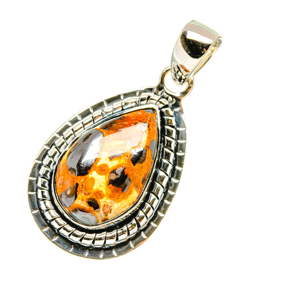 Sterling silver bauxite pendant with teardrop orange stone and decorative bezel