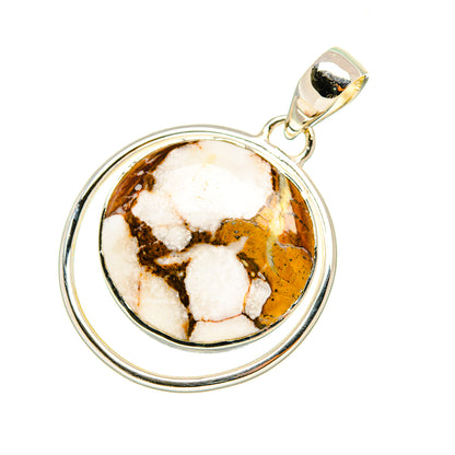 Round sterling silver jasper pendant with white-brown cabochon and gold-tone bail