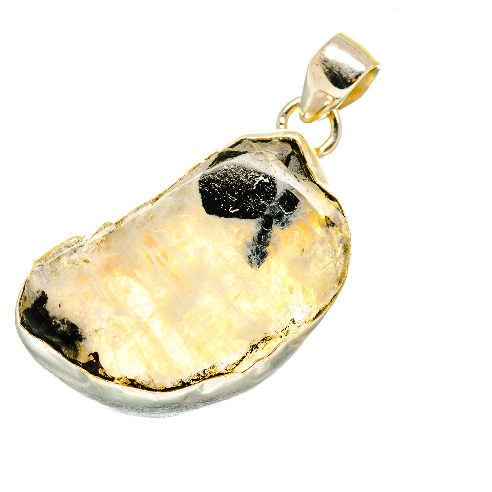 Rough moonstone pendant with gold-toned bail and silver rim, teardrop shape.