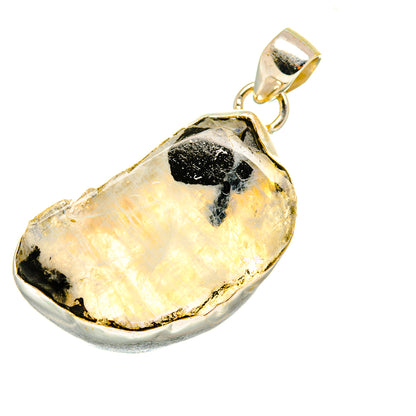 Rough moonstone pendant with gold-toned bail and silver rim, teardrop shape.