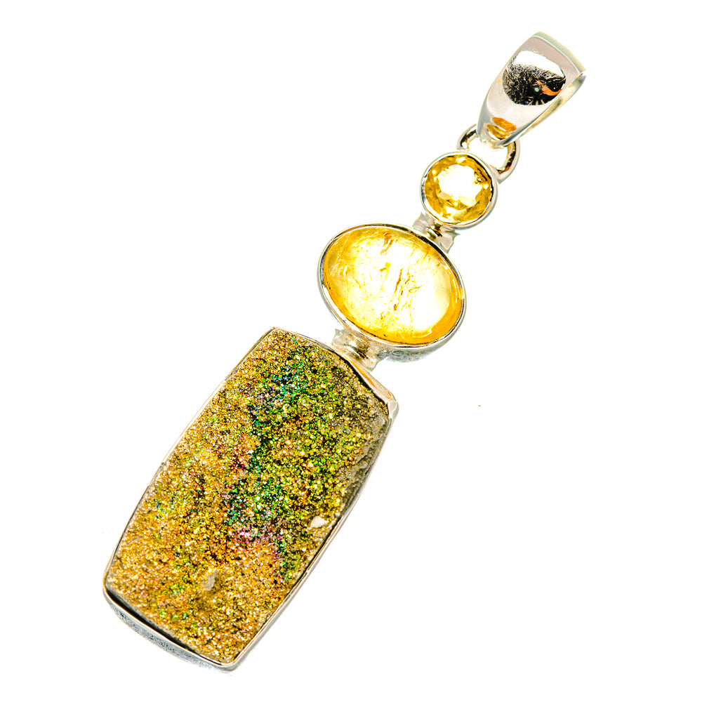 Sterling silver druzy pendant with rectangular gold-green stone and two round citrine stones