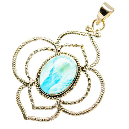 Oval larimar-style gemstone sterling silver pendant with looping floral design