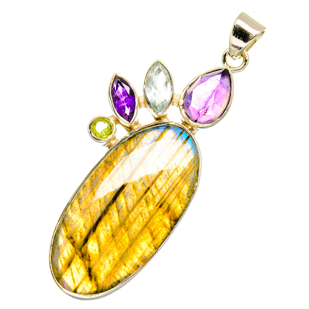 Gemstone pendant with oval yellow labradorite, purple and green stones, silver bail
