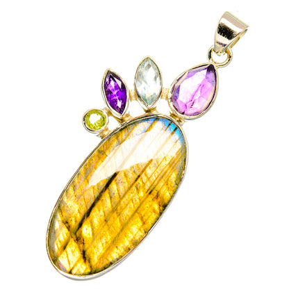 Gemstone pendant with oval yellow labradorite, purple and green stones, silver bail