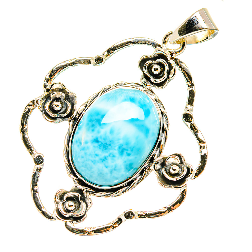 Oval larimar pendant in 925 sterling silver with rose-embossed frame and bail