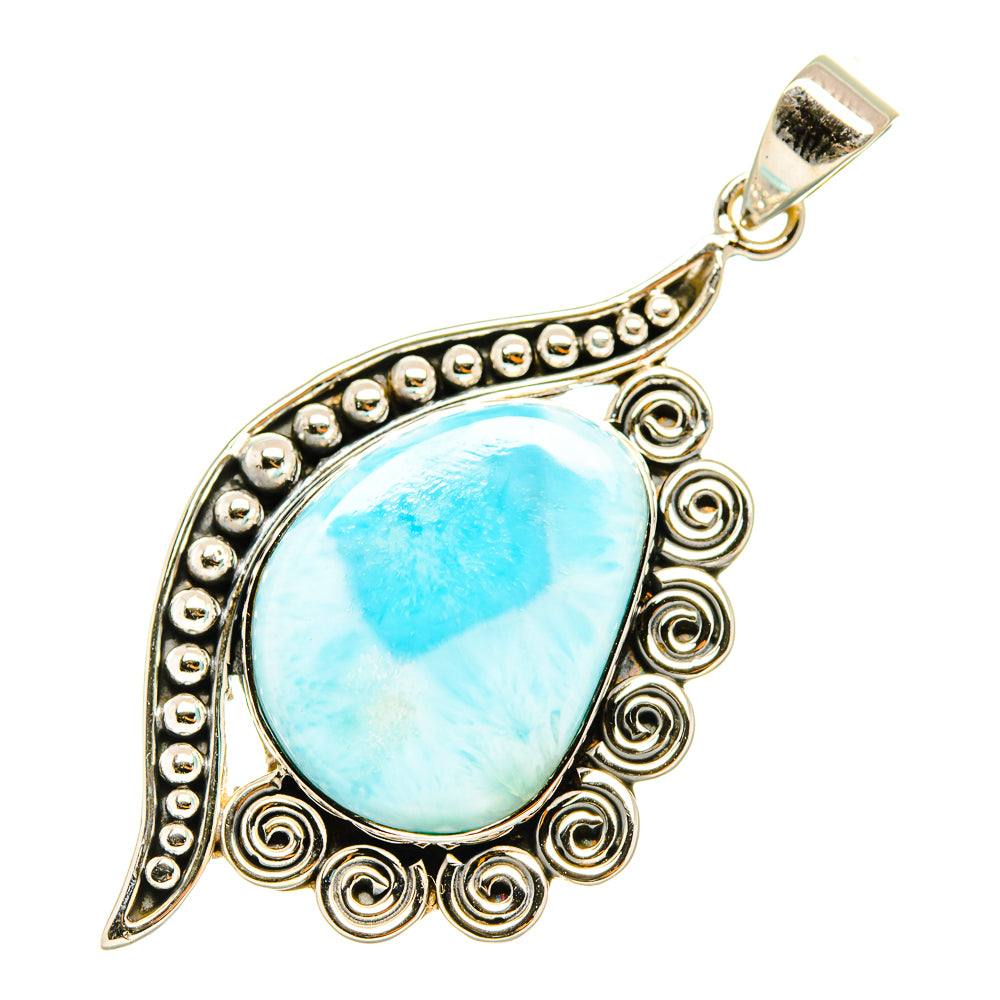 Larimar teardrop pendant with scalloped bead border and sterling bail