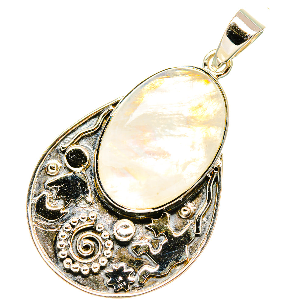 Oval rainbow moonstone pendant in ornate 925 sterling silver setting, polished bail