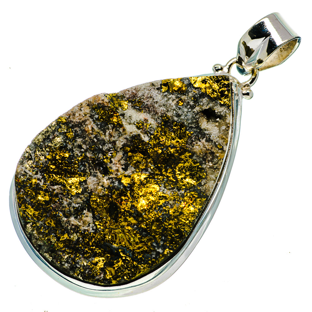 Sterling silver pyrite druzy teardrop pendant with faceted gold crystal sparkle