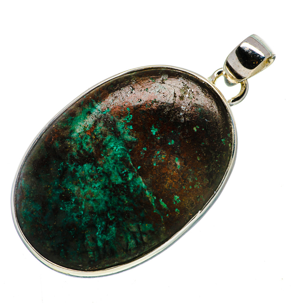 Sterling silver oval pendant with dark green and copper patina stone and bail