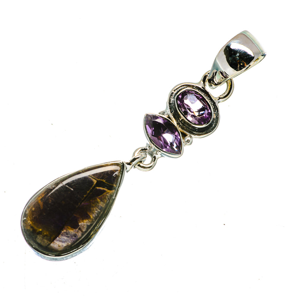 Sterling silver pendant with two purple amethyst stones and a teardrop amber stone