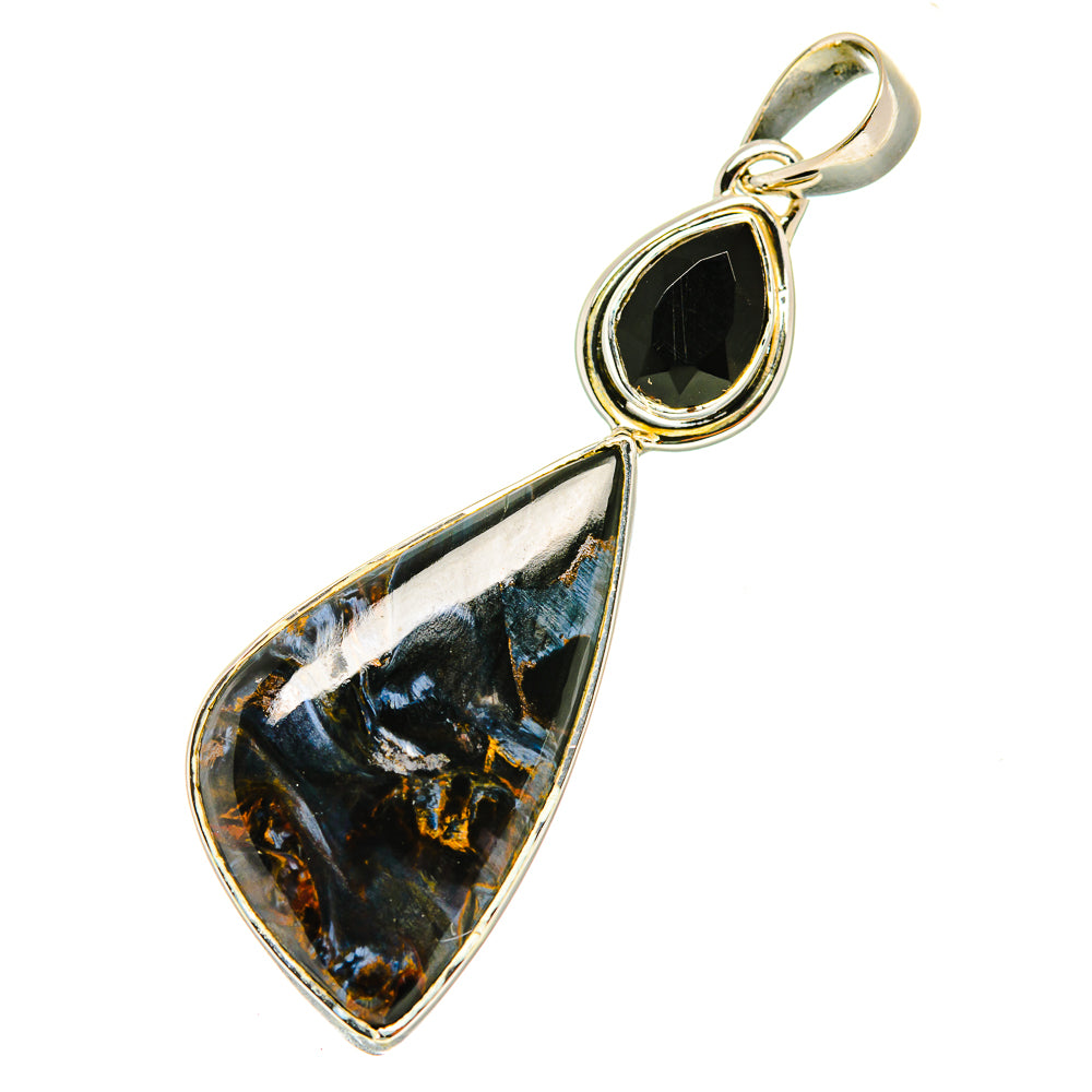 Sterling silver pendant with black teardrop gemstone and textured pietersite pattern
