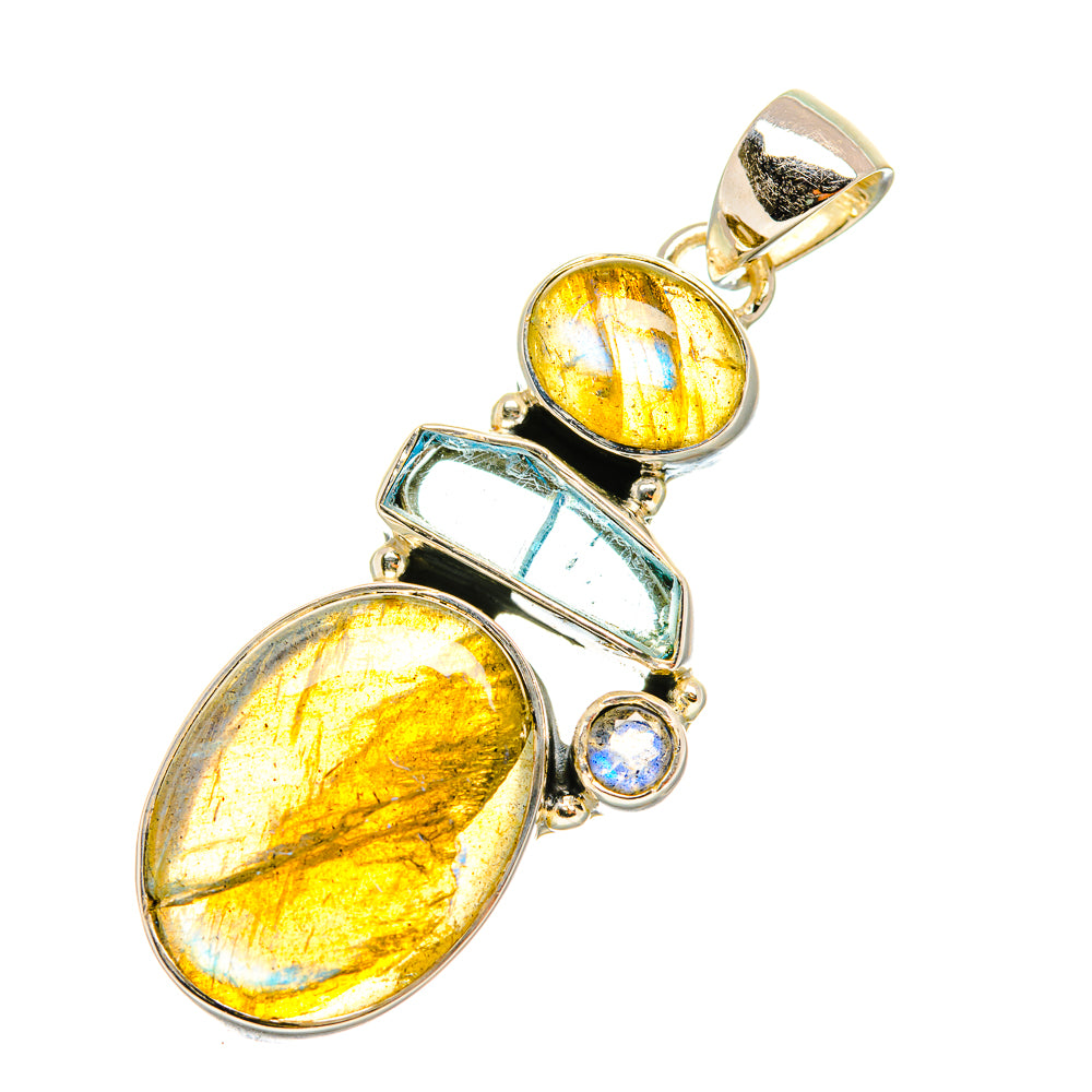 Labradorite and aquamarine pendant in 925 sterling silver, oval stones with blue accent