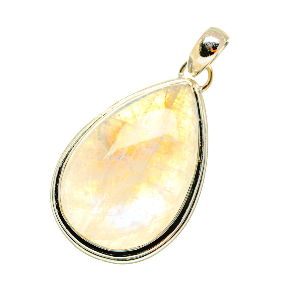 Rainbow moonstone teardrop pendant in 925 sterling silver, polished frame