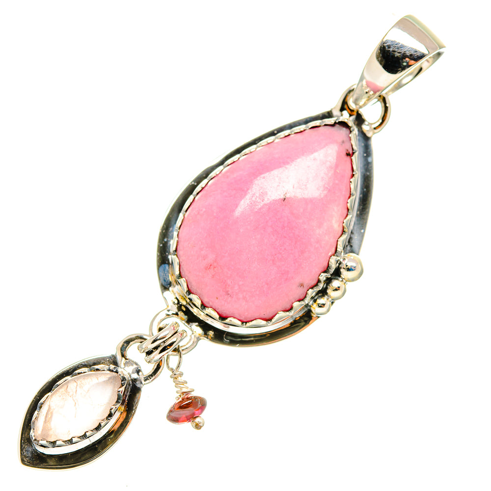 Teardrop pink gemstone pendant with silver bail and chain, with small dangling stones